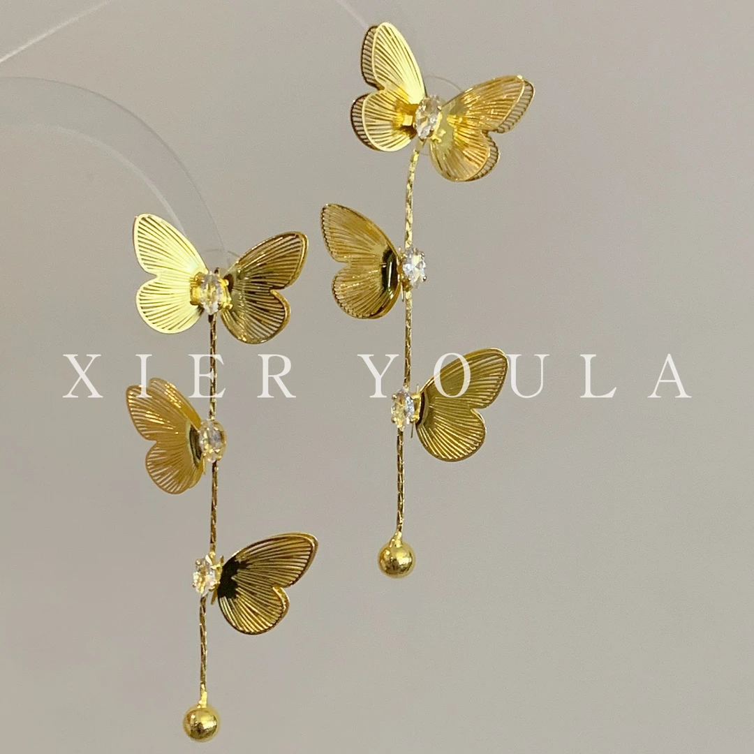 铜合金合成锆石耳饰 【喜儿ula】1-8-1温柔流苏精致蝴蝶百搭耳环