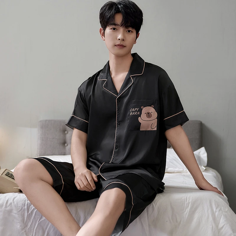睡衣男夏季冰丝短袖短裤夏天潮流薄款青少年男士可外穿家居服套装