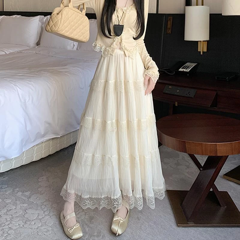 白色纱裙蛋糕裙女春夏2025新款高级感蕾丝a字半身长裙百褶网纱裙