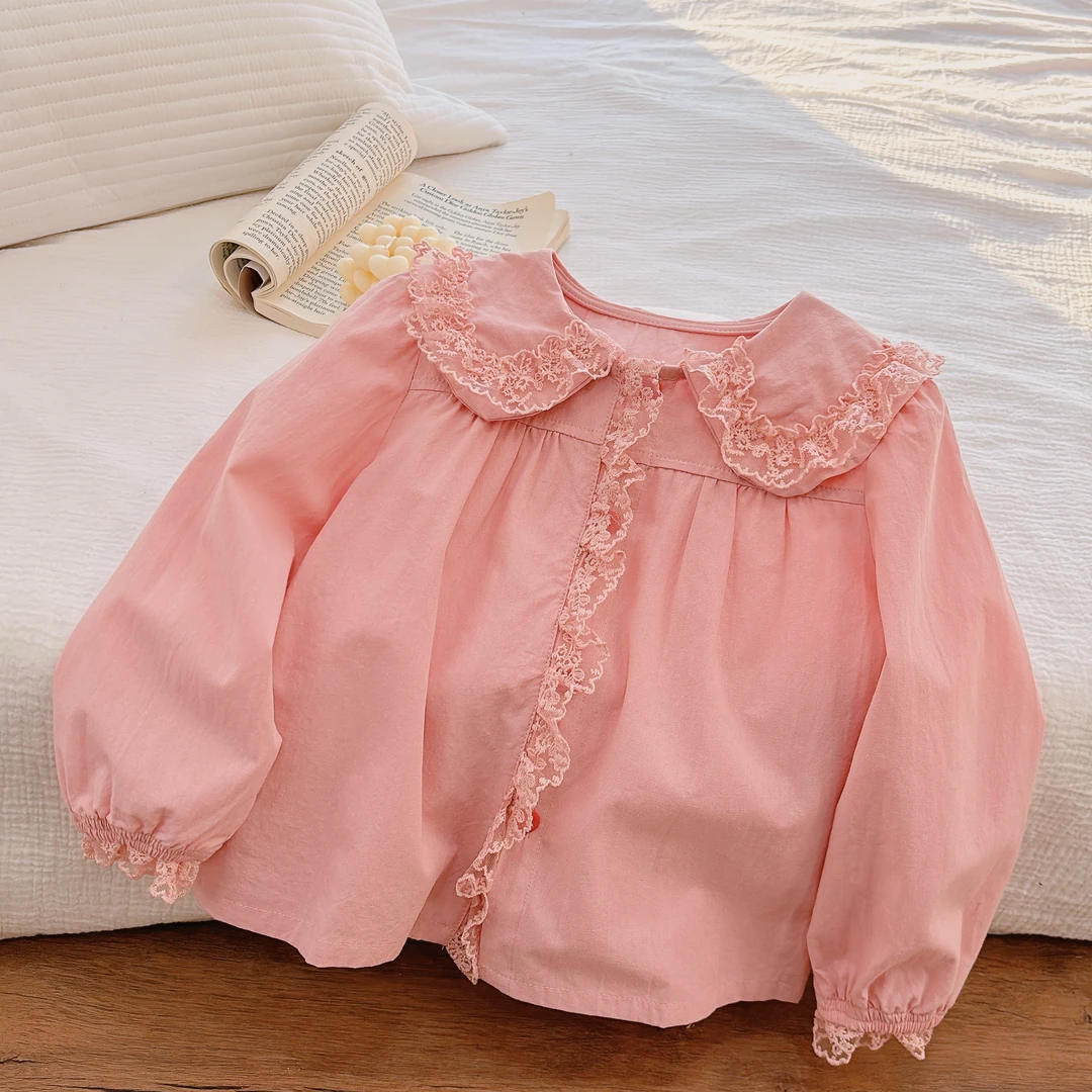 新款纯棉女童衬衣衬衫蕾丝百搭长袖娃娃领娃娃衫宝宝欧若风童装