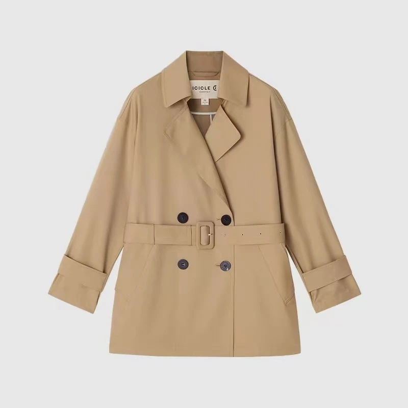 H136女装春新款丝羊毛平纹布双排扣露珠风衣