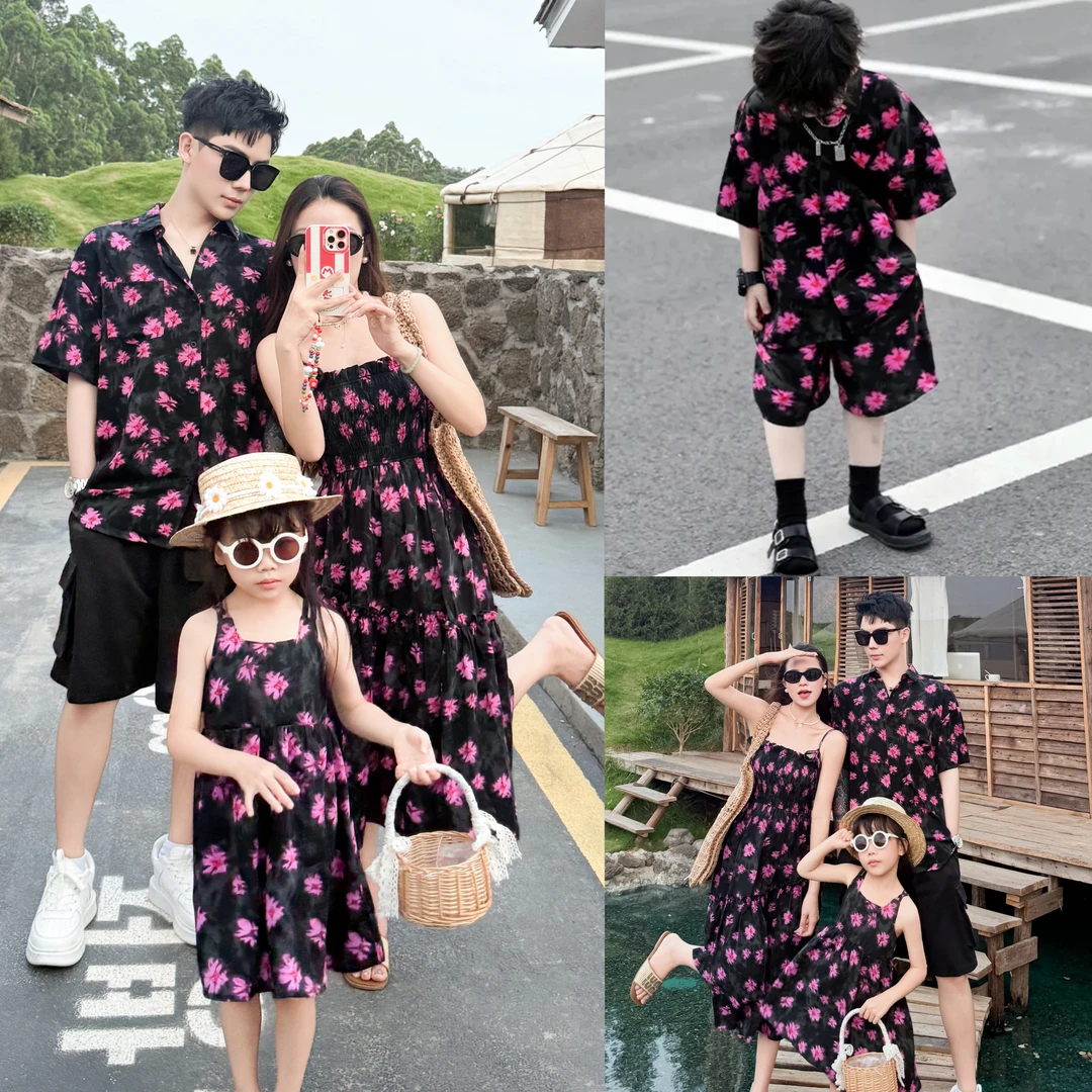 沙滩度假亲子装夏季一家三口四口母女连衣裙洋气冰感花衬衫父子装