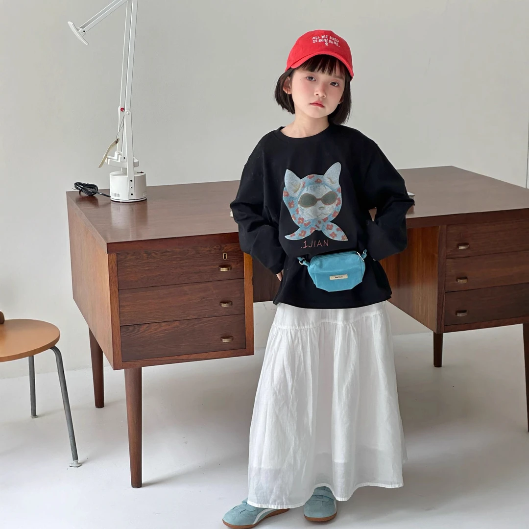 【呱呱家超燃私服】秋季韩版儿童猫咪印花男女童圆领百搭打底上衣潮