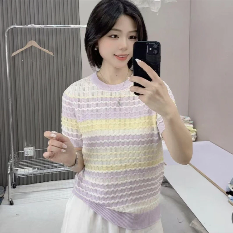 夏日多巴胺撞色条纹针织衫女2025新款时尚镂空圆领短袖T恤上衣潮