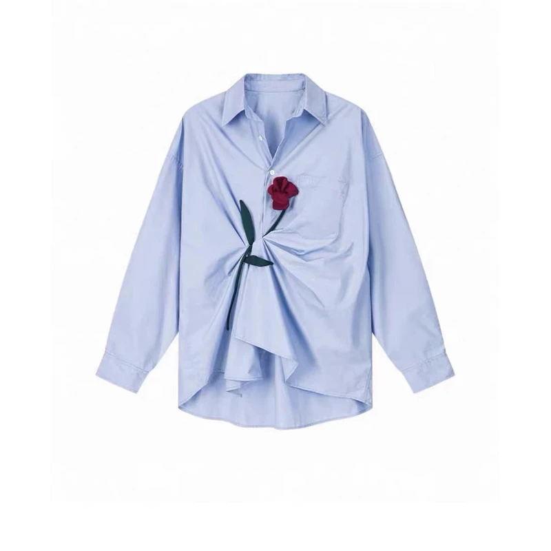 【D128】上衣长袖小众蓝色春季垂褶长袖衬衫衬衣不起球钩花