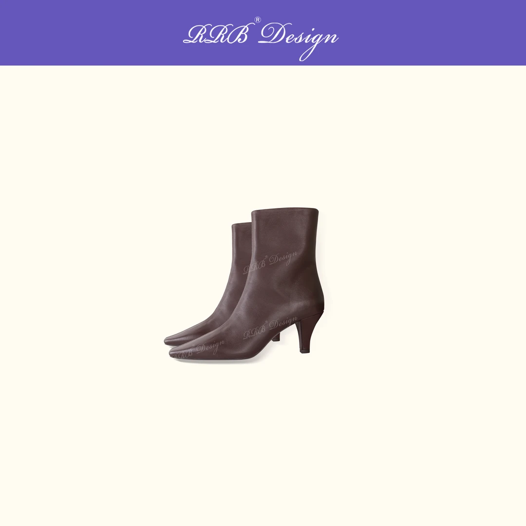 RRB Design 气质百搭羊皮中高跟靴简约方头中筒靴