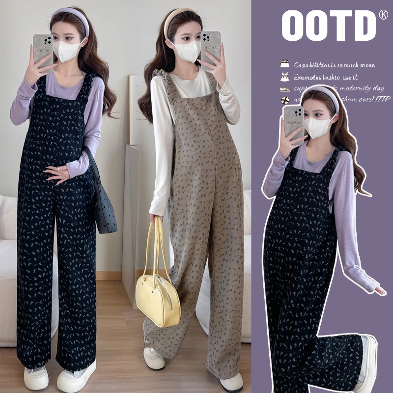2025春季减龄休闲高弹打底针织+碎花背带裤孕妇时尚显瘦两件套装