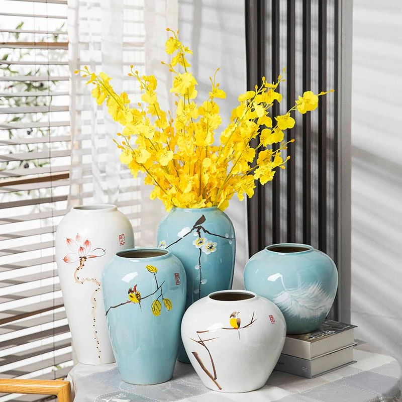 景德镇陶瓷台面花瓶插干仿真花简约现代新中式玄关客厅装饰品摆件