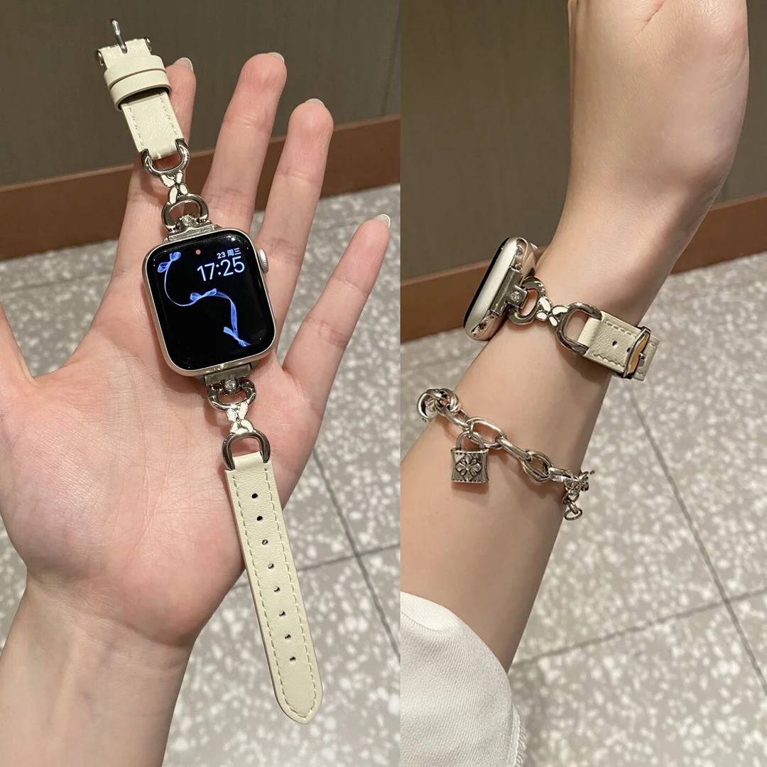 适用苹果s10手表质感皮质金属蝴蝶手表表带iwatchs9s8s7表带女SE