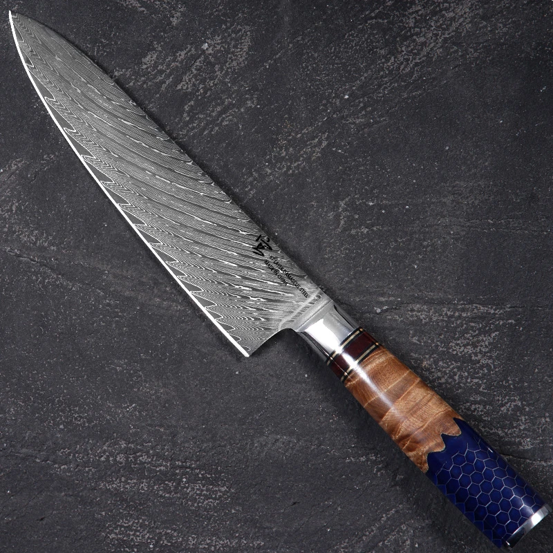 真大马士革羽毛纹aus-10钢芯60±HRC蜂窝树脂柳木主厨牛刀