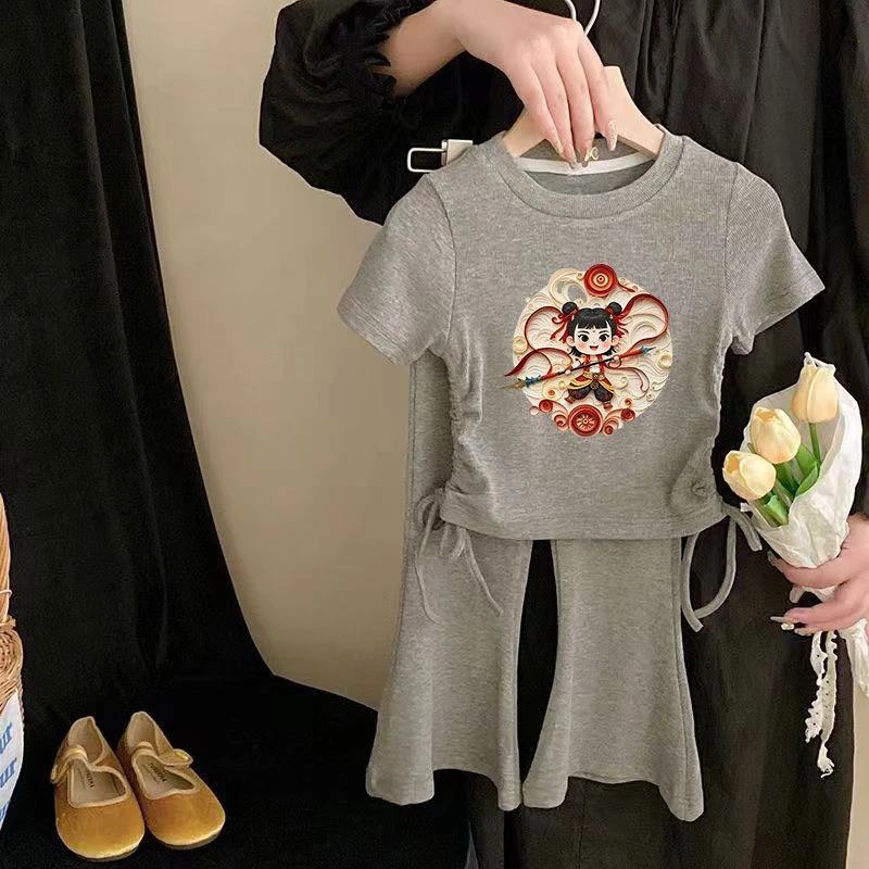 哪吒t恤女童夏季短袖套装2025洋气时髦小女孩衣服炸街潮牌服爆款