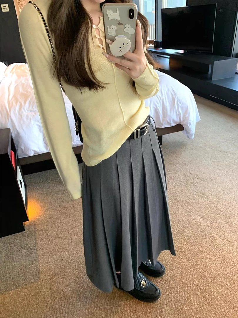 灰灰呀！ 7398 格恩高校！好有质感！韩系设计感百褶西装半身裙