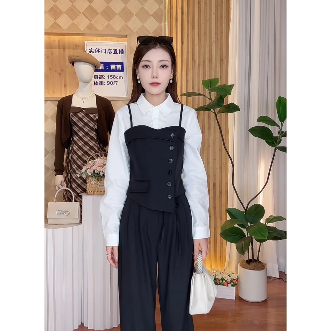 高级感气质时尚套装女2025秋季新款假两件上衣裤子两件套