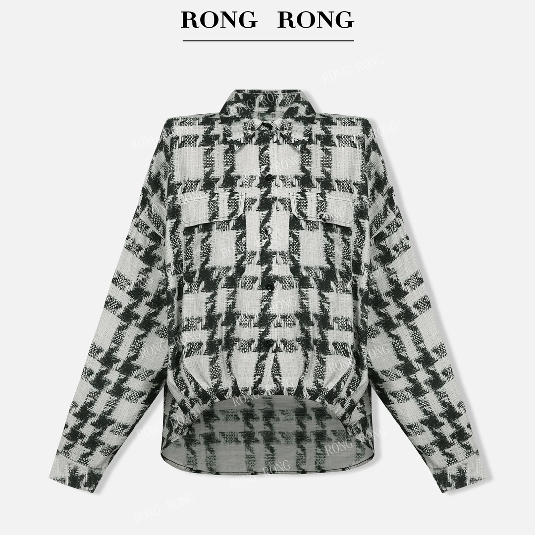 溶溶T【文艺复古范】RONRGONG复古千鸟格格纹百搭衬衫上衣C-S210764