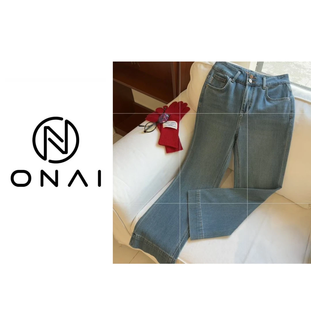 【Onai】两粒扣蓝色微喇裤四面弹显瘦百搭牛仔裤83382