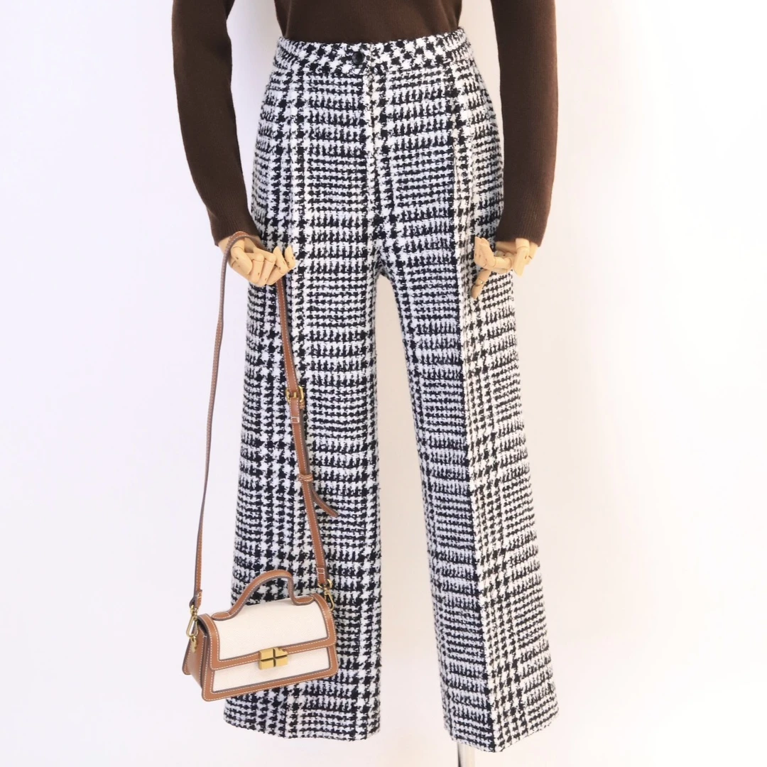 秋冬厚款羊毛格纹直筒长裤