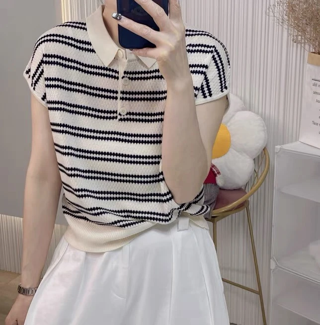 【条纹polo领】方领套头冰丝针织衫女短袖T恤宽松百搭时尚韩版减龄