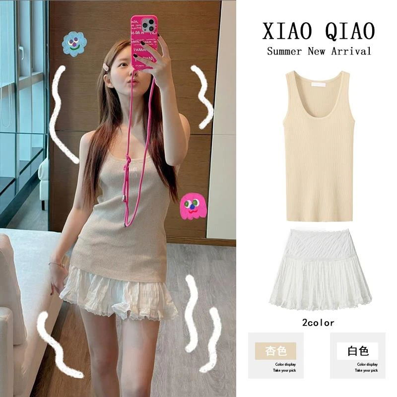 露思同款甜美针织背心修身无袖上衣+蕾丝半身裙短裙套装女夏季女