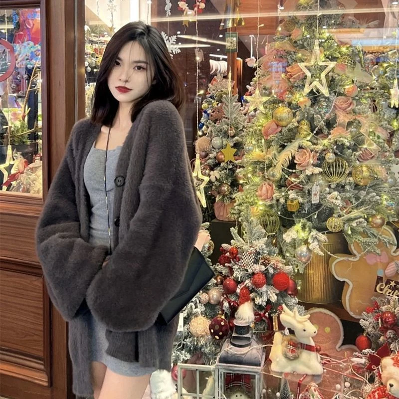 慵懒风水貂绒毛衣外套开衫女中长款加厚秋冬新款宽松针织衫上衣潮