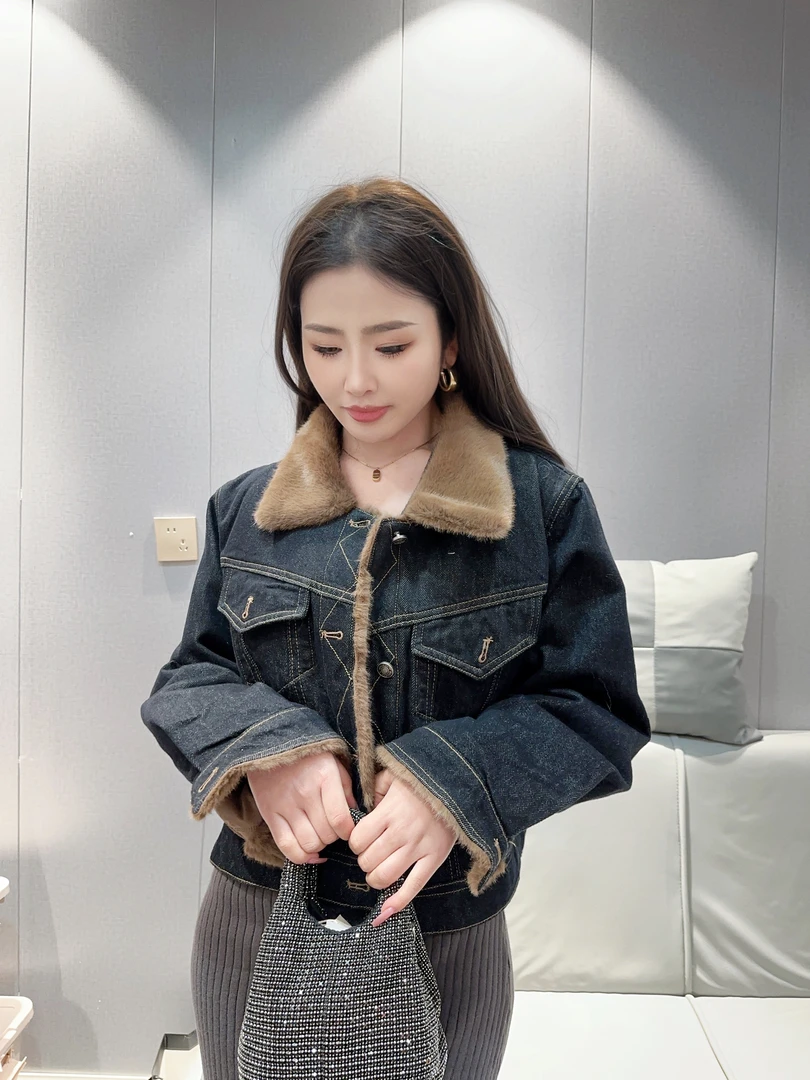 人造皮草 牛仔人造皮草外套冬季保暖加绒加厚女士短款时尚