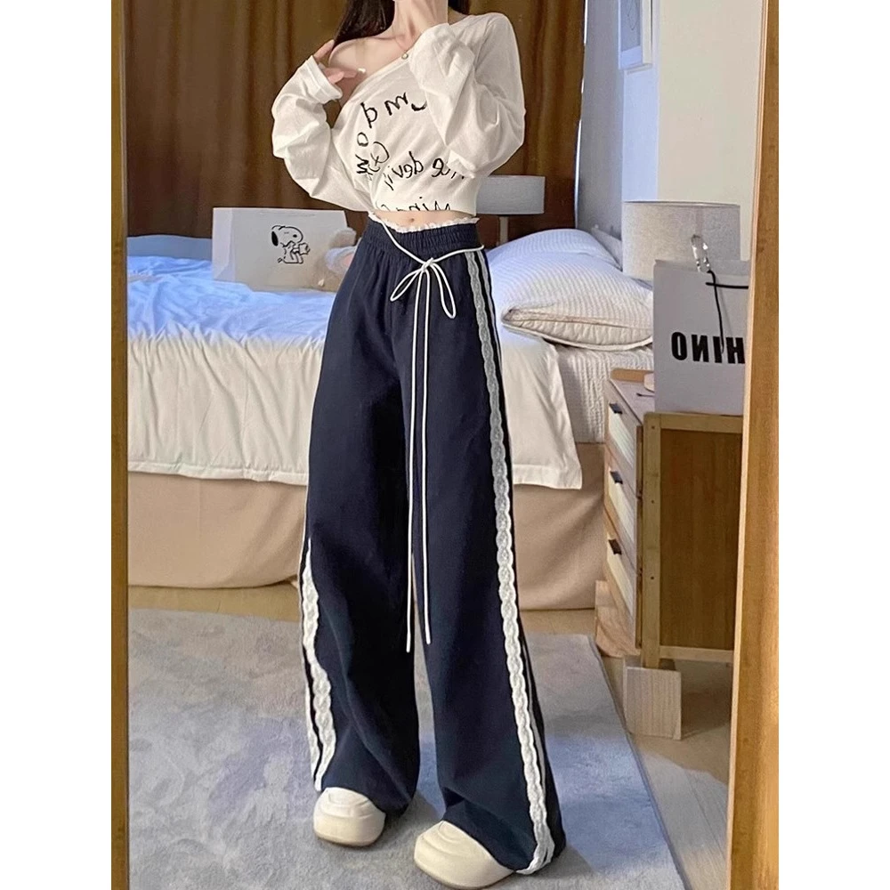 美式复古蕾丝花边阔腿裤女春秋夏季高级感宽松显瘦休闲直筒拖地裤