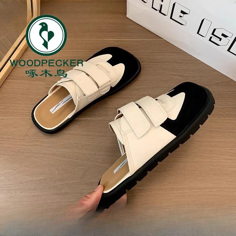 啄木鸟魔术贴帆布包头半拖鞋女春季外穿2025新款懒人无后跟小白鞋