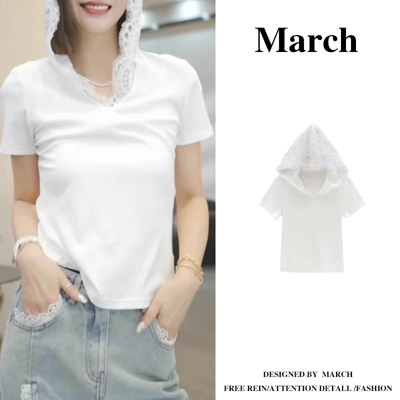 大码蕾丝连帽短袖t恤女2025夏季新款白色打底衫修身显瘦上衣11220