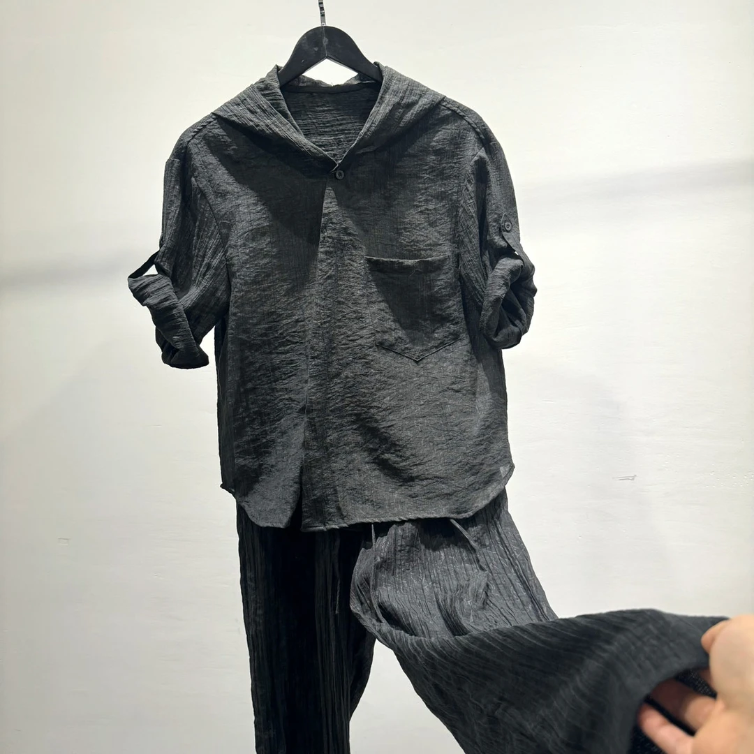 男士时尚中袖透气褶皱连帽衬衫两件套男士休闲舒适百搭长裤套装