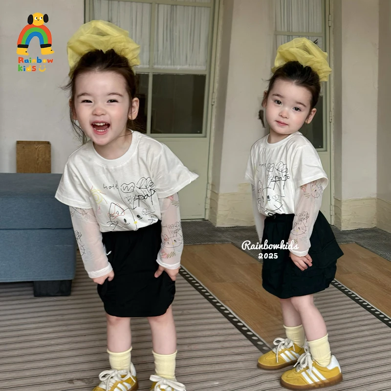 【彩虹家】2025夏款小猫咪T恤裙裤套装-88427