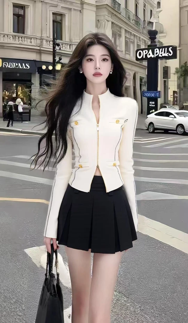 小香风气质显瘦女装杏色圆领长袖拉链上衣+黑色百搭半身裙两件套