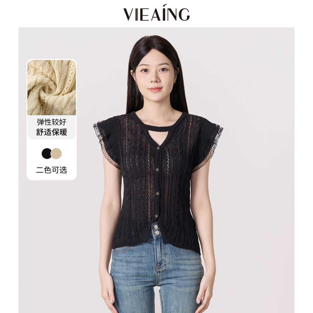VIEA.ING薇迎夏季新款通勤休闲网纱飞飞袖拼接针织衫188922122315