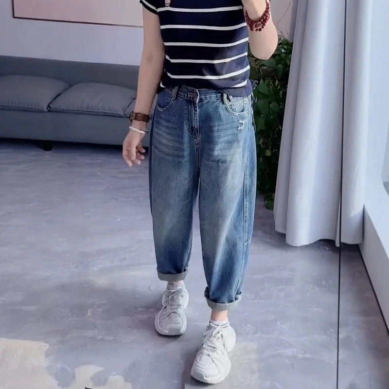 2025秋季新款百搭时尚牛仔哈伦裤大码女装高腰显瘦洋气磨破牛仔裤