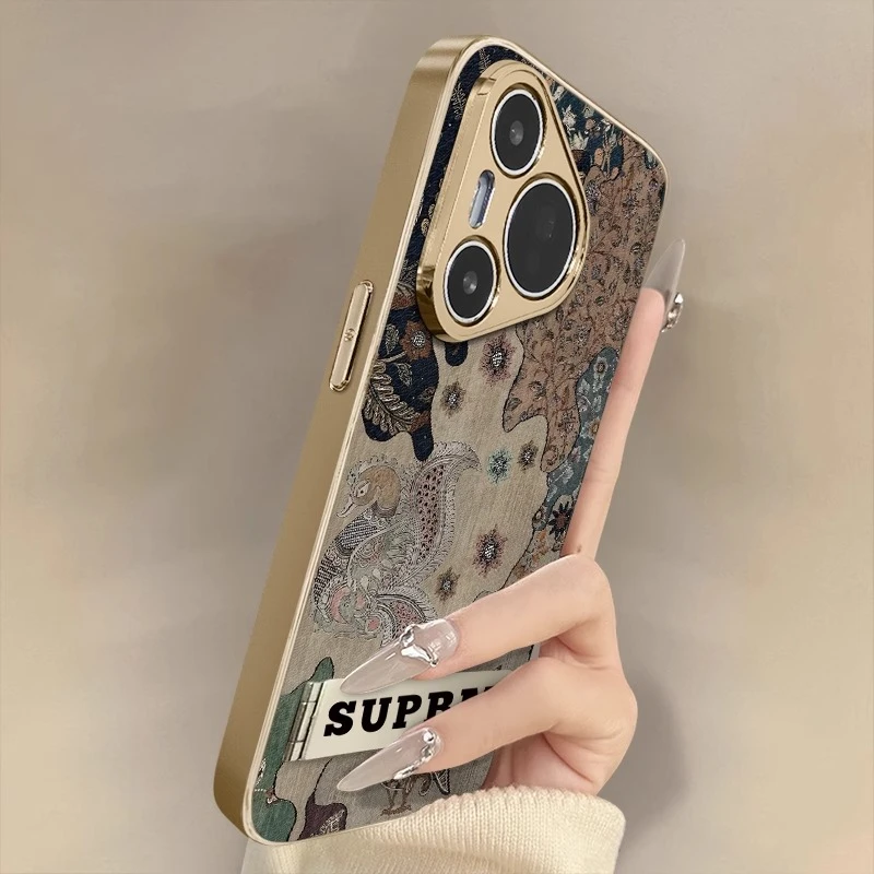 艺术花纹适用华为pura80ultra手机壳p70pro+新款小羊皮防摔全包60