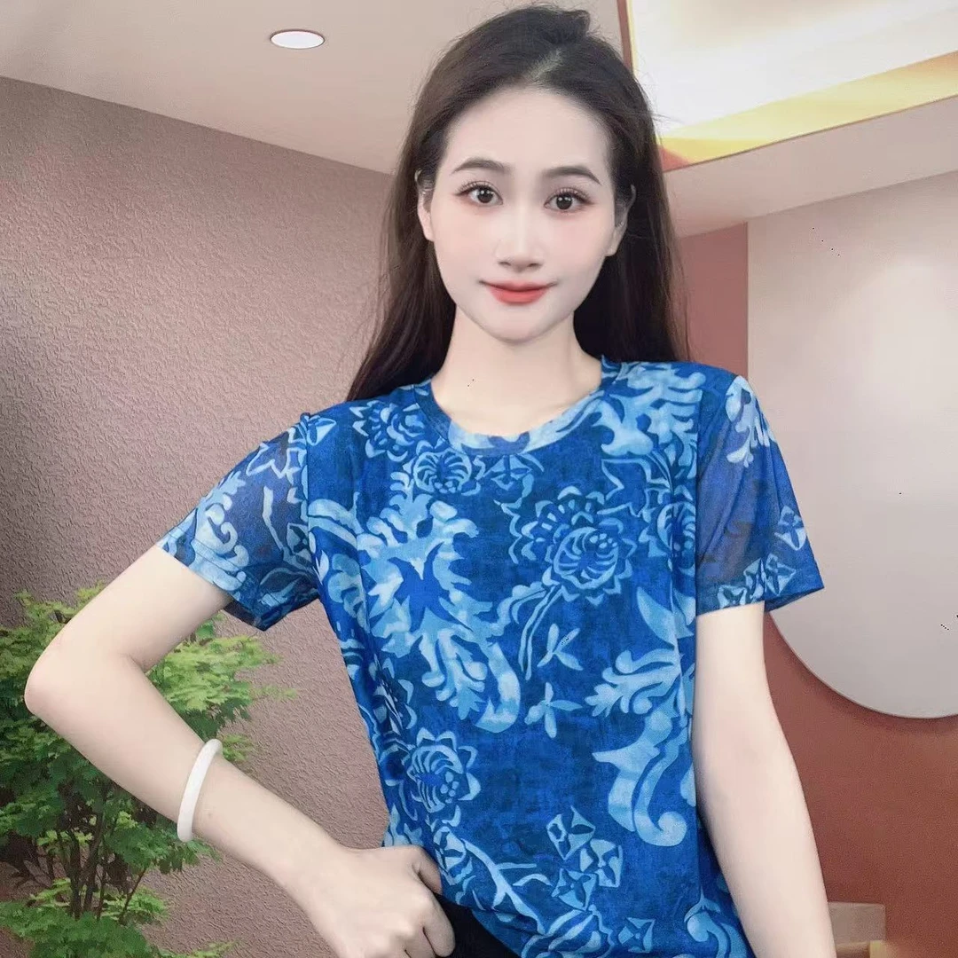 2025夏季新款短袖圆领肌肤纱时尚显瘦印花T恤上衣A378