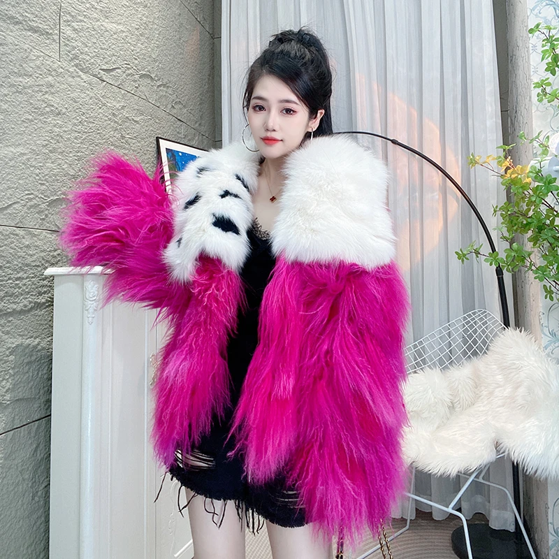 Bikamo/比卡陌冬季时尚刺绣狐狸毛领休闲皮草外套女P0223玫红