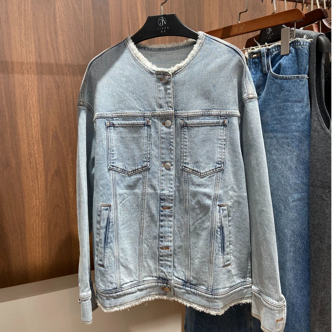 葭恩圆领无领宽松洗水做旧落肩牛仔外套夹克0737