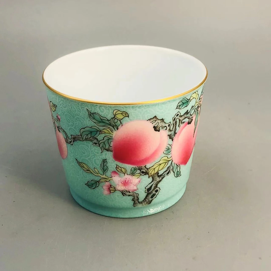 景德镇官方甄选 奉旨官窑 绿地扒花五桃直口杯C051203