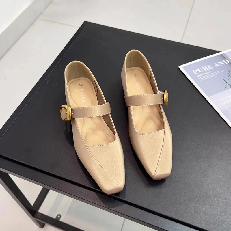 丝绸方头单鞋女低粗跟2025春季新款舒适通勤法式一字扣带玛丽珍鞋