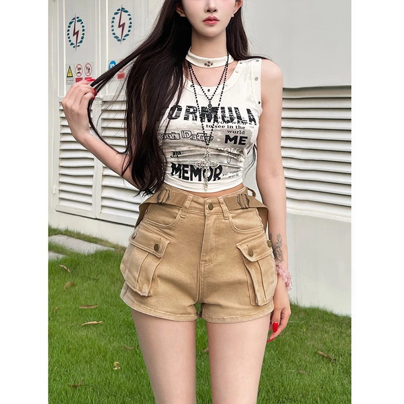 卡其大口袋工装牛仔短裤女2025冬季新款美式高腰显瘦a字辣妹热裤