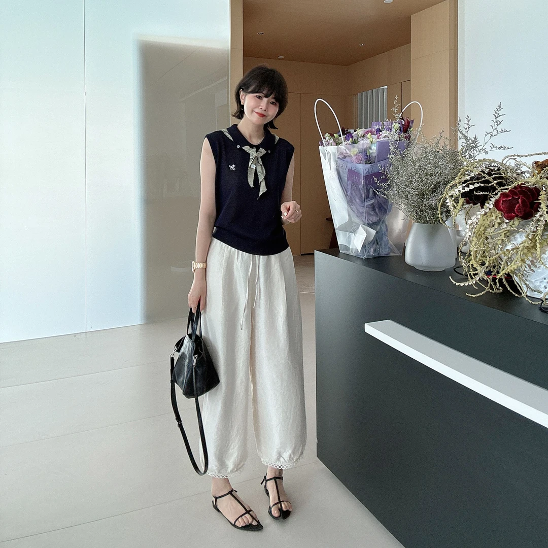 夏季松紧腰垂感薄款纯色简约时尚直筒醋酸休闲裤九分裤