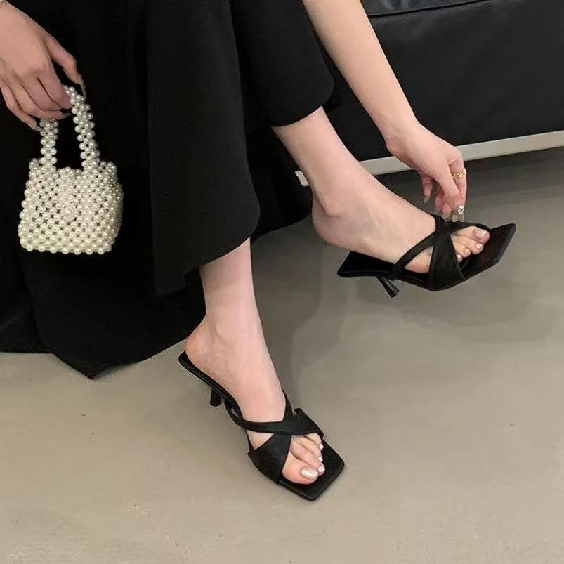 6公分气质方头高跟凉鞋夏季百搭法式一字拖牛仔拖鞋