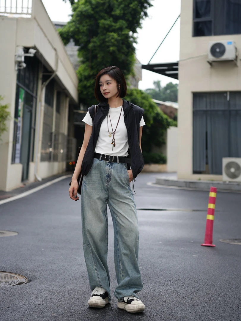 TO【大促YD11025】春款上新美式水洗中高腰复古直筒弯刀裤