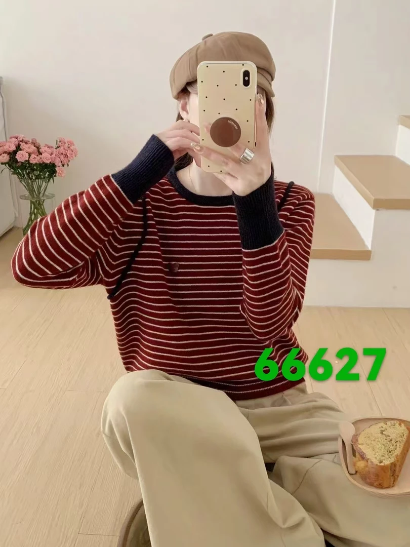 小香风2024秋季新款圆领袖口拼色肩膀压线细条纹撞色弹力针织衫