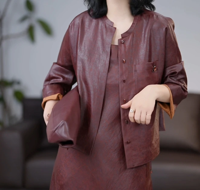 时尚百搭休闲龟裂纹红云纱夹克外套/1033