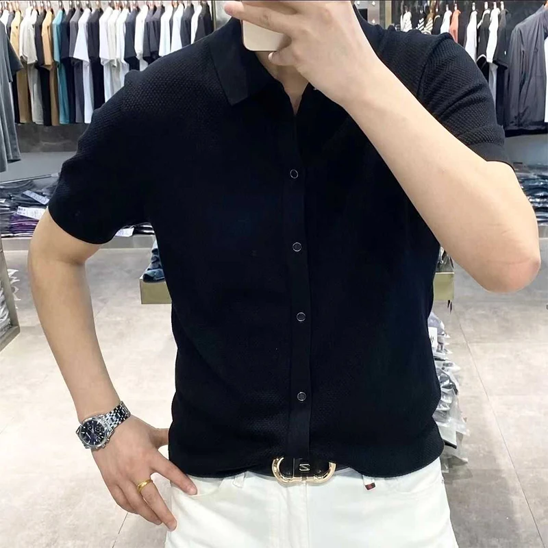 男士纯色衬衣2025夏季新款翻领透气针织衫休闲韩版大码短袖衬衫男