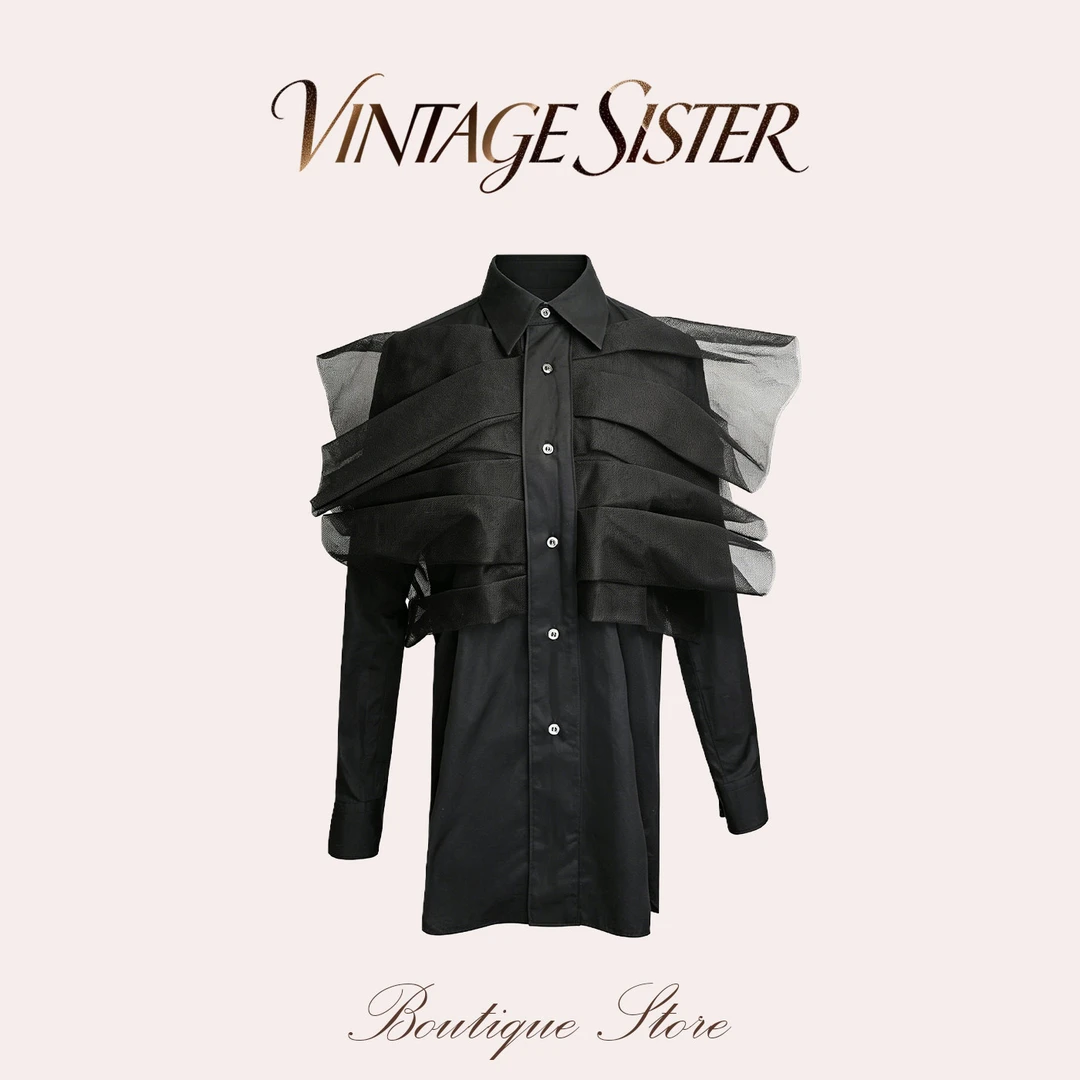 VINTAGE SISTER【摩登都会系列】黑色蝴蝶结衬衫女高级网纱上衣7184