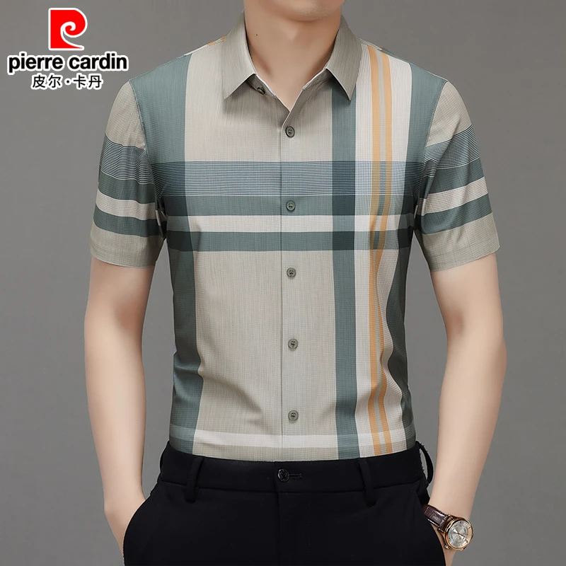 皮尔卡丹正品中年短袖衬衫男士夏季新款免烫格子休闲宽松薄款衬衣