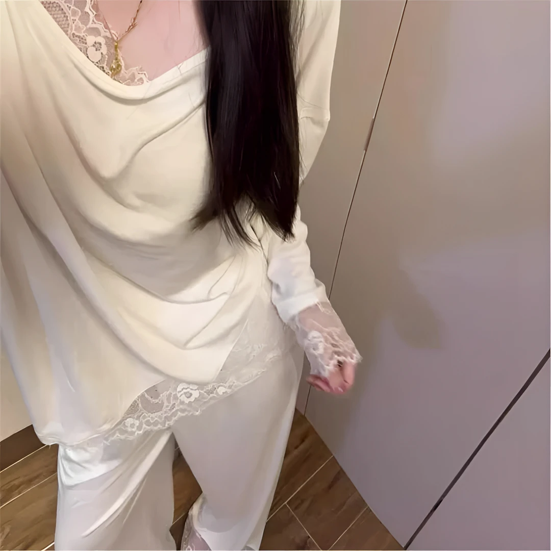 白月美人蕾丝花边斜肩美背睡衣女春秋季新款纯欲风性感宽松家居服