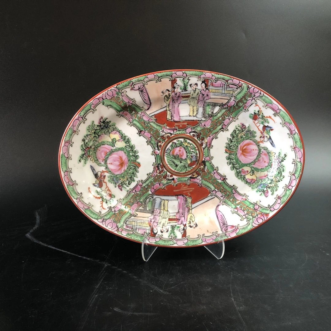 A01074民国广彩描金开窗人物花卉腰盘 长30.7*宽22.3cm 25071823