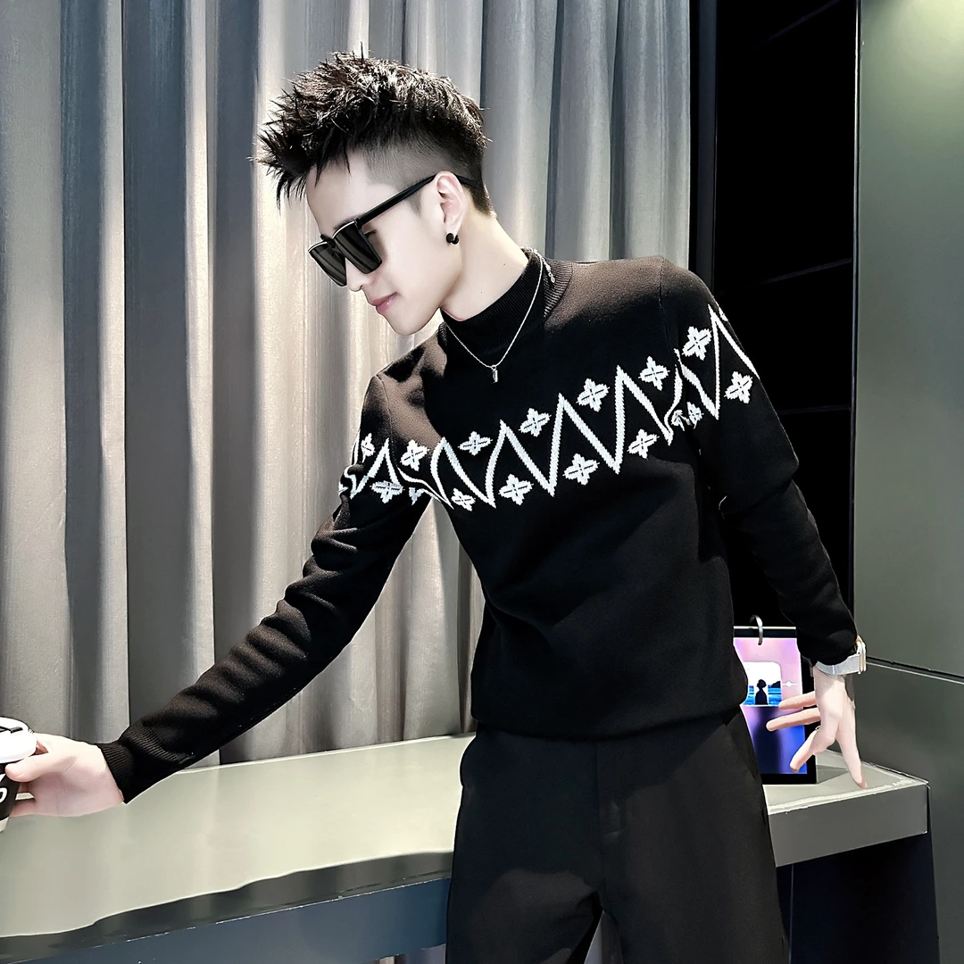 男士半高领潮牌提花毛衣2025新款秋冬季高级感痞帅内搭针织打底衫